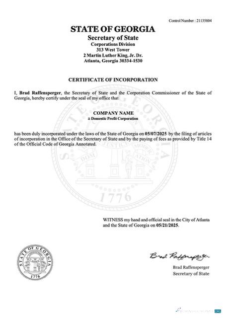 Download USA Georgia certificate of incorporation Word and PDF template Photoshop template